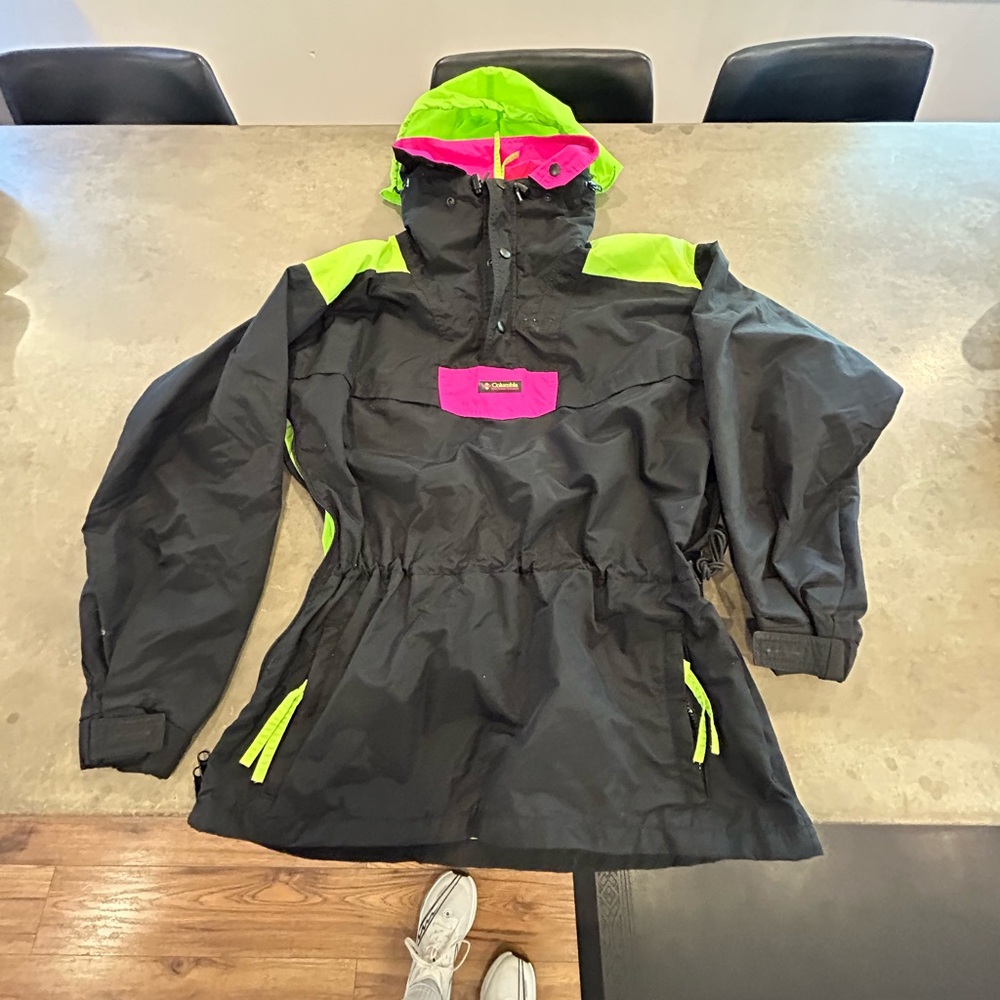 Vintage Columbia Raincoat/wind in Black with Neon Pink and Green. Youth XL.